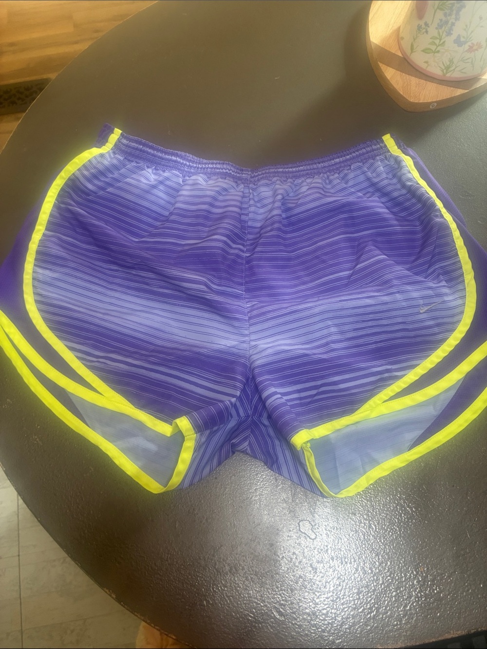 Nike Women’s Purple Striped Athletic Shorts with Yellow Trim